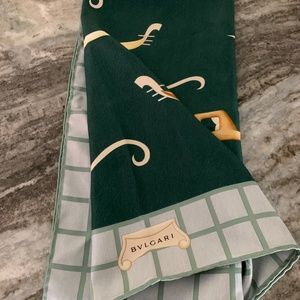 BVLGARI  Authentic Pure Silk green and gold 34 inch square scarf. New